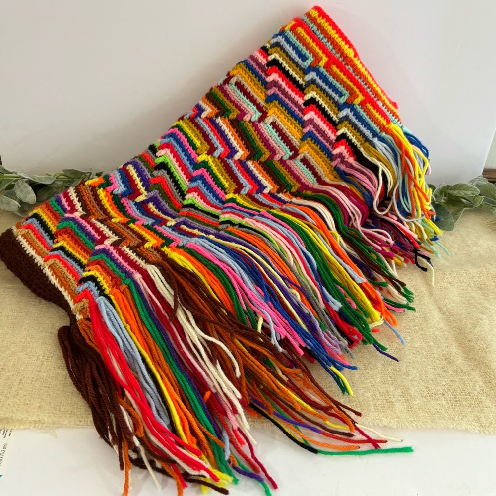 Handmade crochet fringe blanket multicolor chevron 64x20